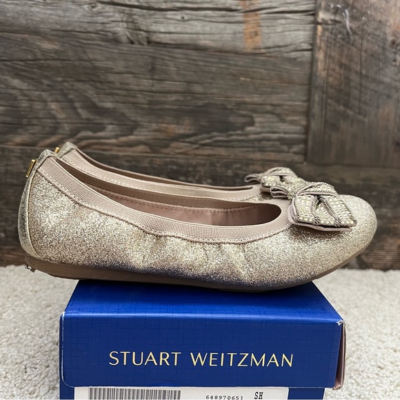 Stuart Weitzman Chain Bow Glitter Ballet Flats - Pale Gold - Size 13 - Picture 8 of 11